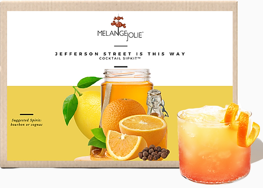 Mélange Jolie Jefferson Street Cocktail SipKit™ with ingredients and coupe glass displayed elegantly.